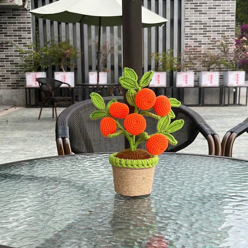 Artificial Crochet Orange Plants Bonsai Fake Flowers Potted For Bedroom Home Garden Living Room Desk Outdoor New Year Decoration