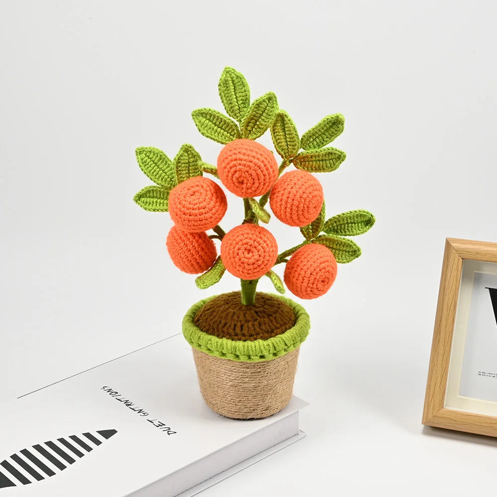 Artificial Crochet Orange Plants Bonsai Fake Flowers Potted For Bedroom Home Garden Living Room Desk Outdoor New Year Decoration